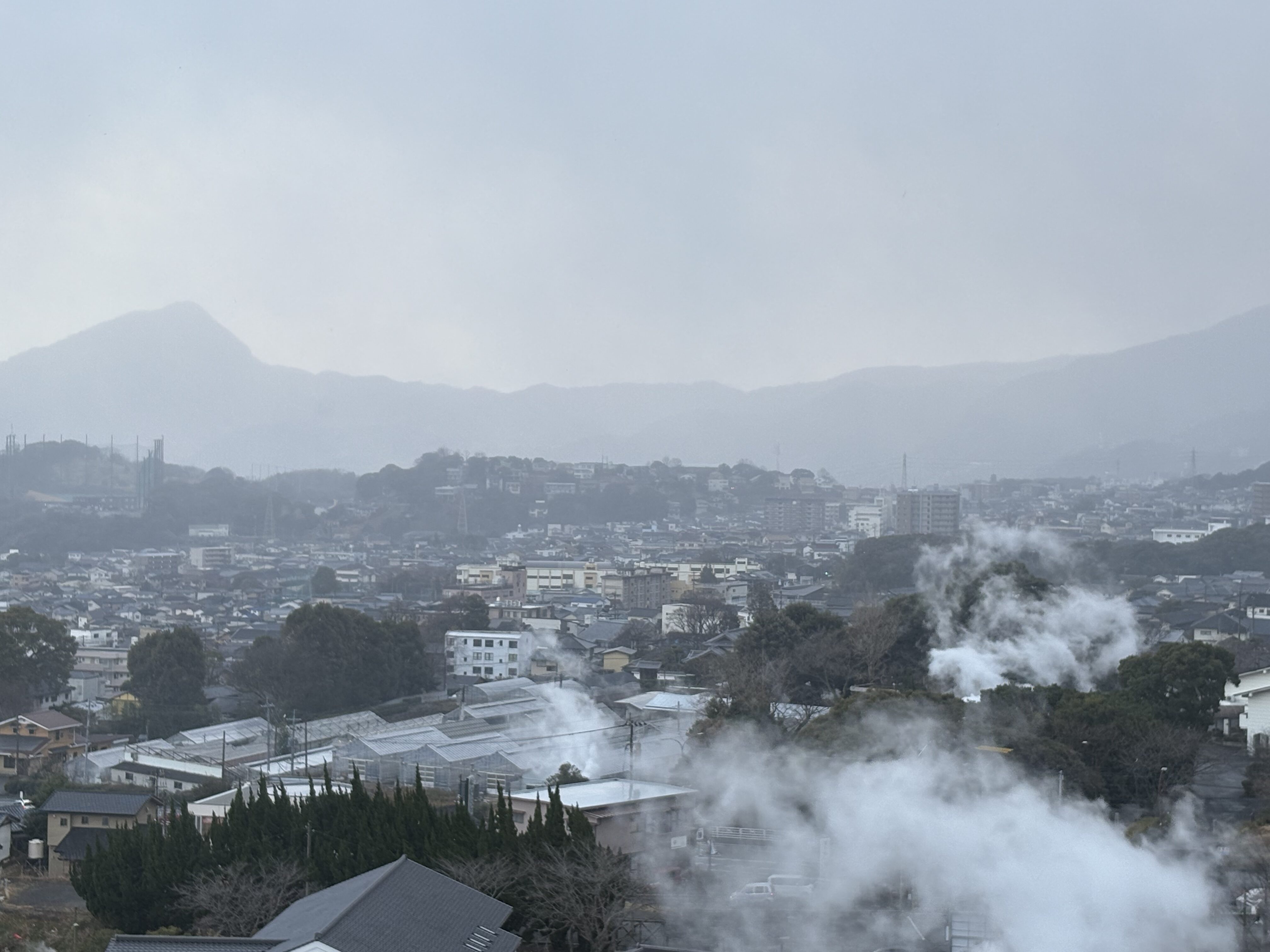 神和苑から見える鉄輪温泉の街と湯けむり