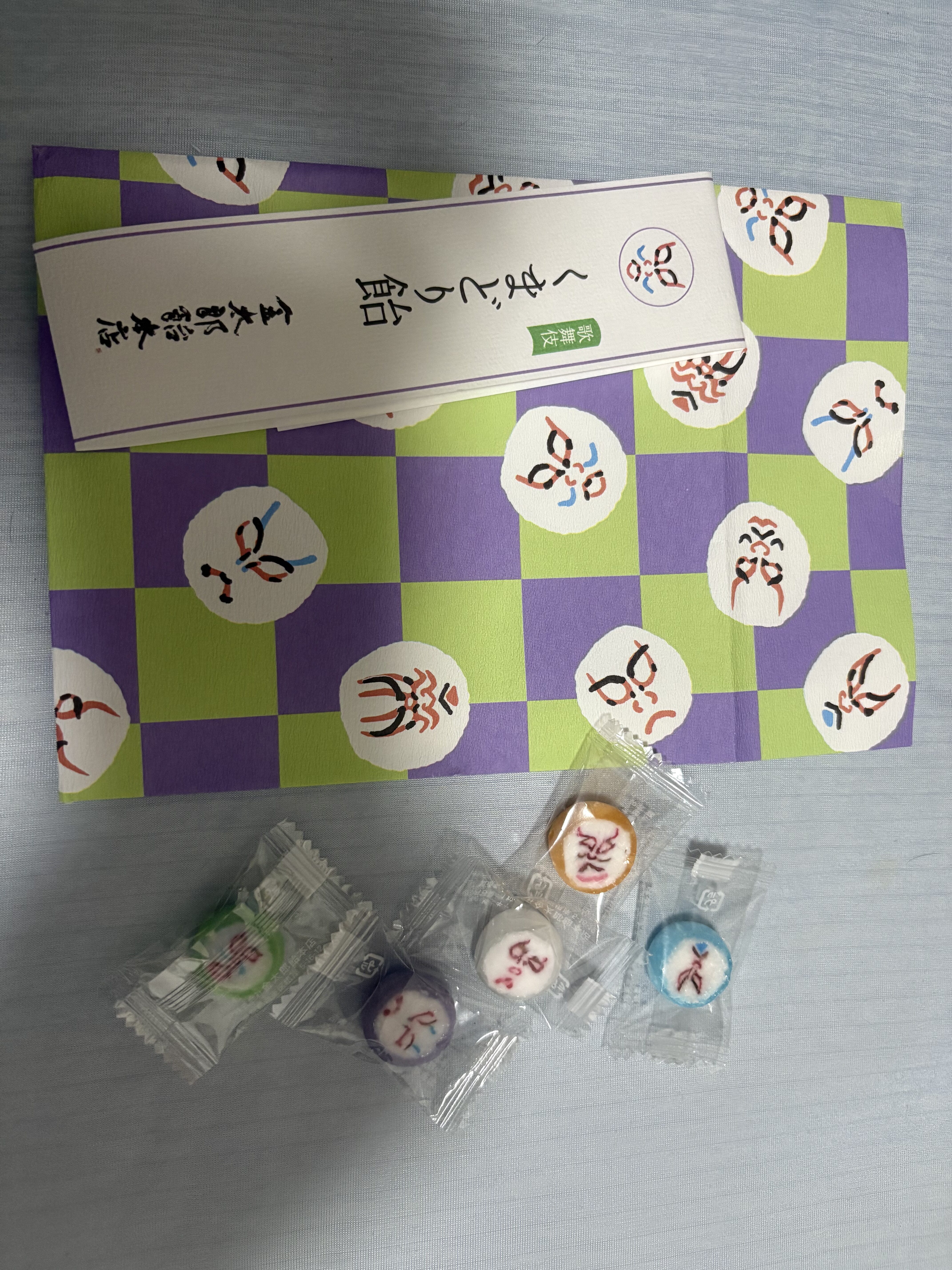歌舞伎の柄が入った飴と箱