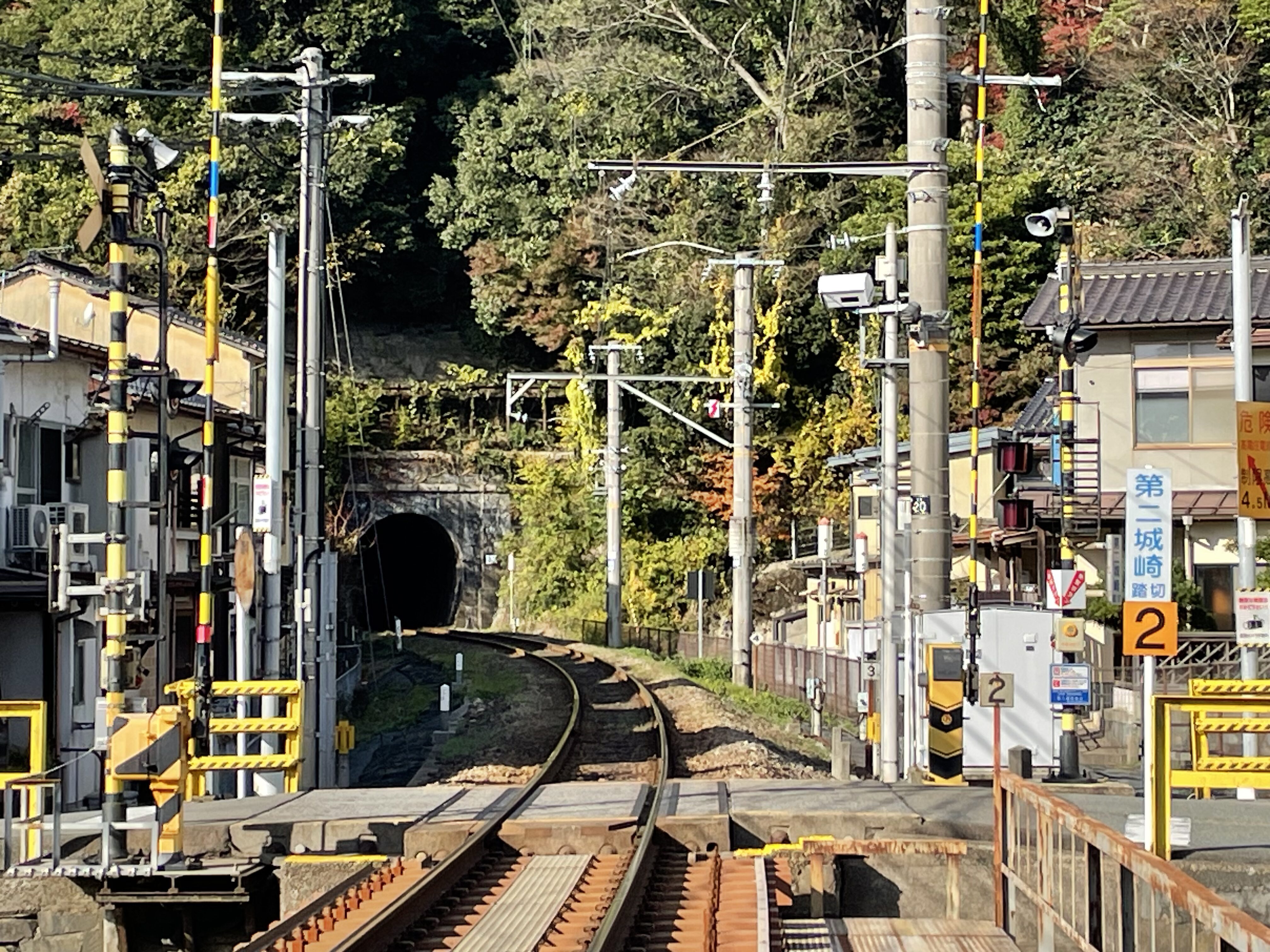 城崎の表示がある踏切と線路の向こうの緑