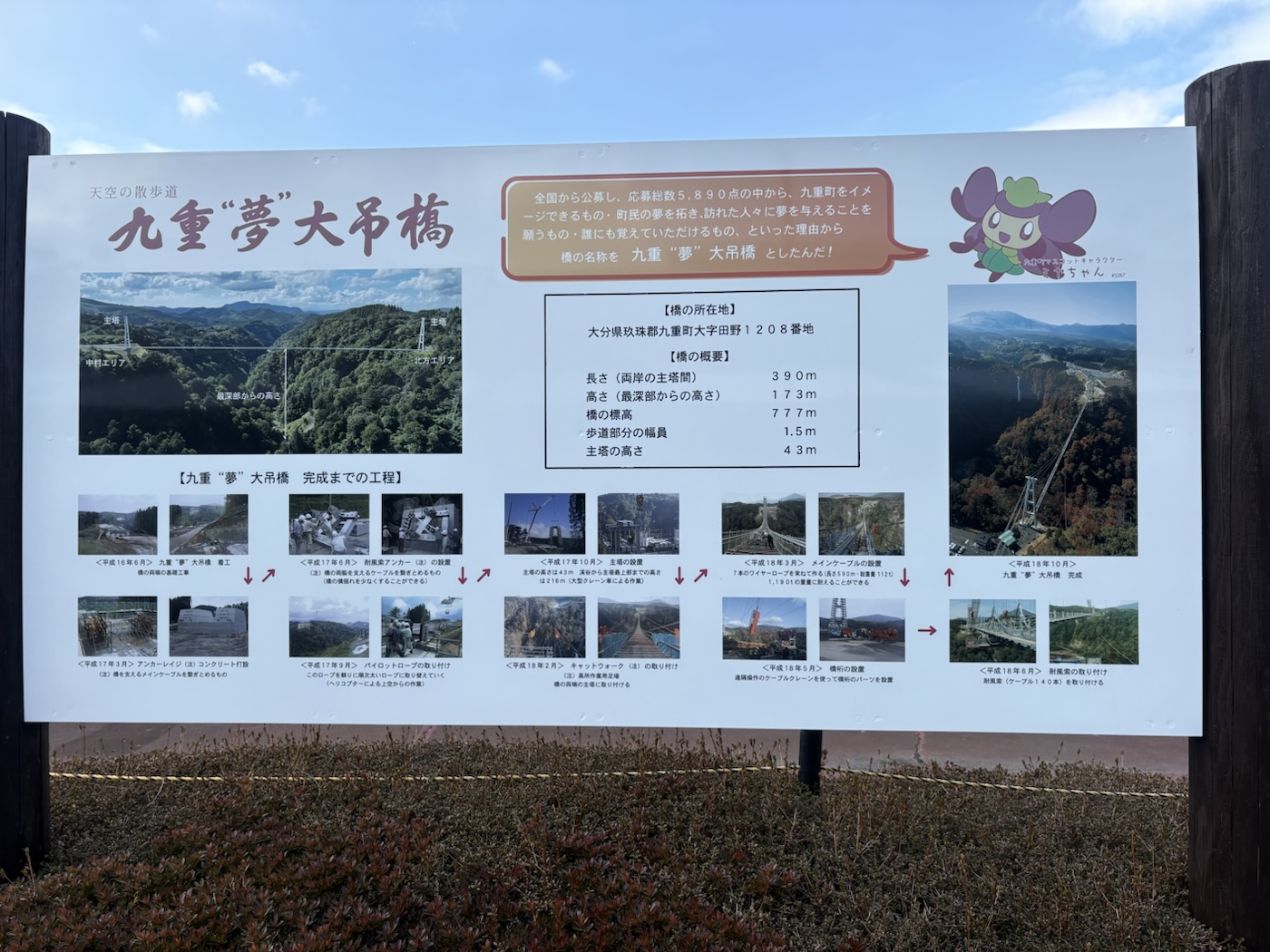 九重“夢”大吊橋の概要と四季の写真を載せた案内板