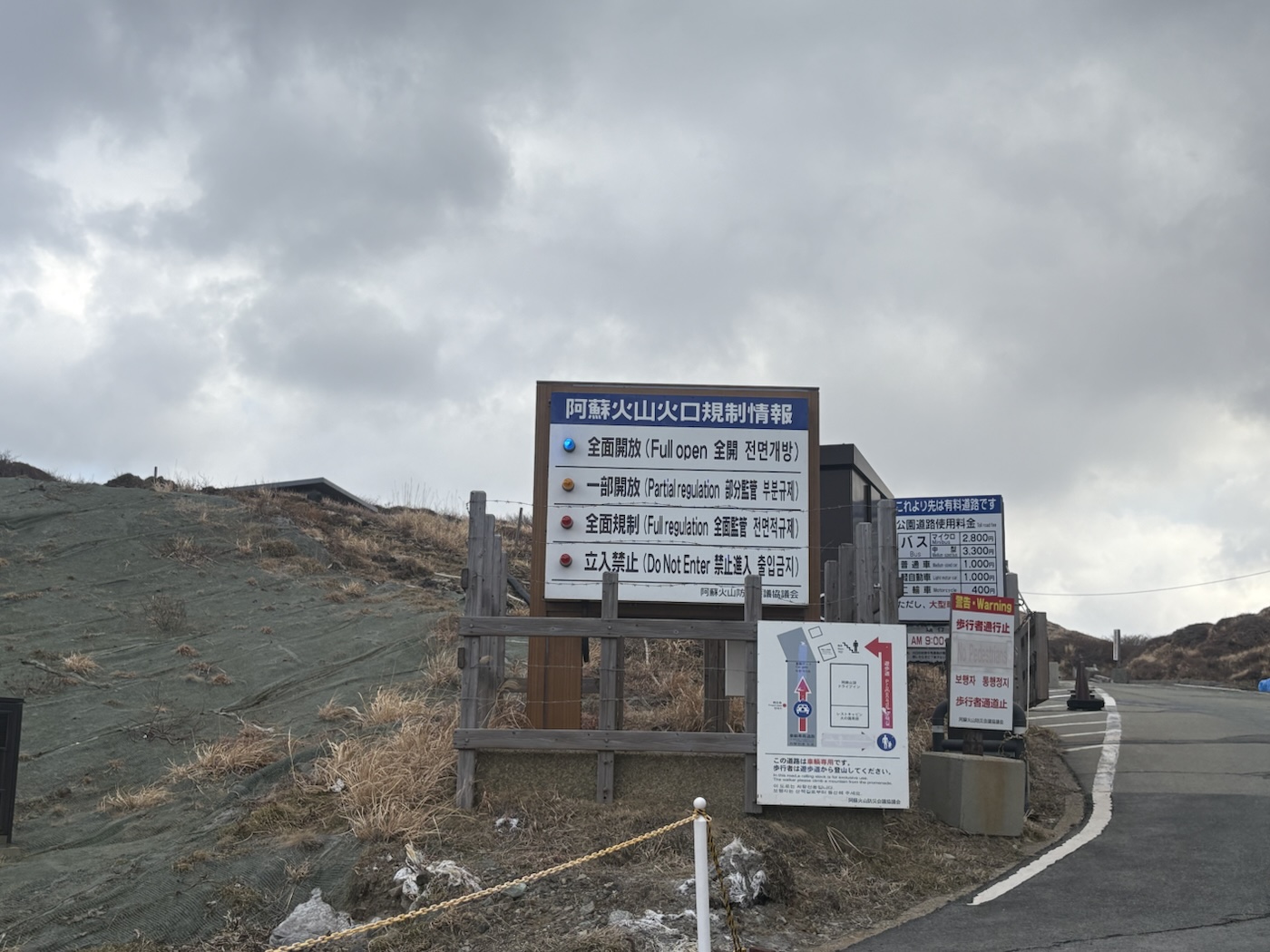 阿蘇山の火口規制情報を示す道路脇の案内板